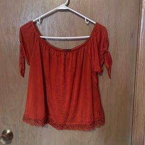 Off-Shoulder Shirt with Tie Sleeves and Lace Trim